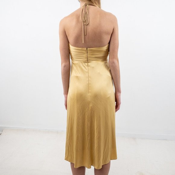 Anthro Y2K XS Silk Ruched Goddess Mini Dress Gold - Picture 4 of 8